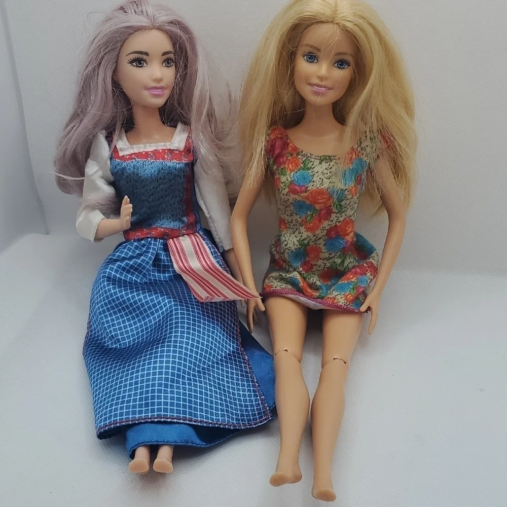 Barbie Dolls in Blue Checkered and Floral Dresses